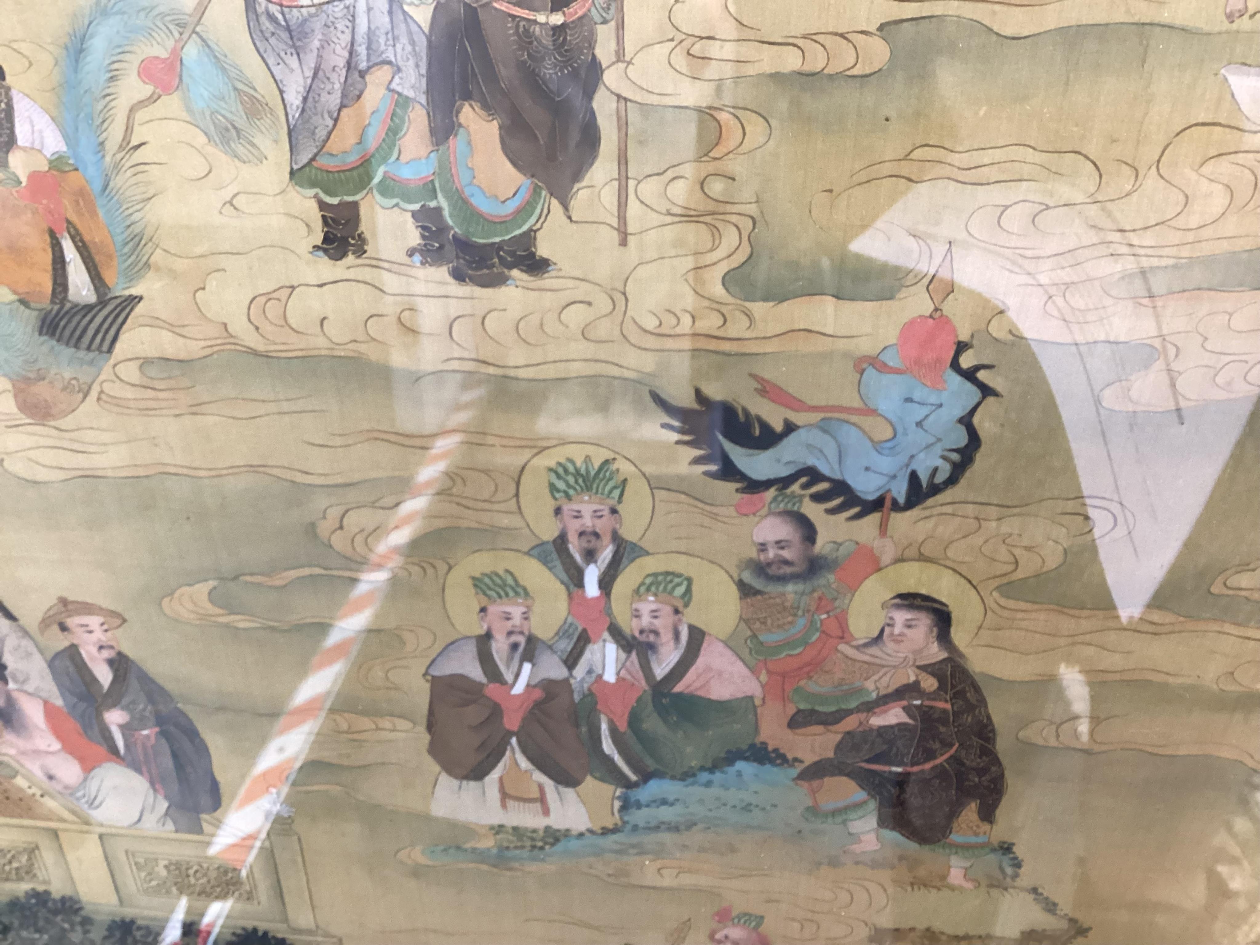 20th century Chinese School, watercolour in the Ming style, Immortals, 127 x 64cm. Condition - fair